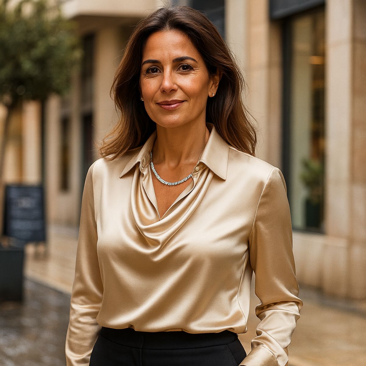 Natalia™ | Blusa Elegante de Satén Brillante con Escote en Cascada